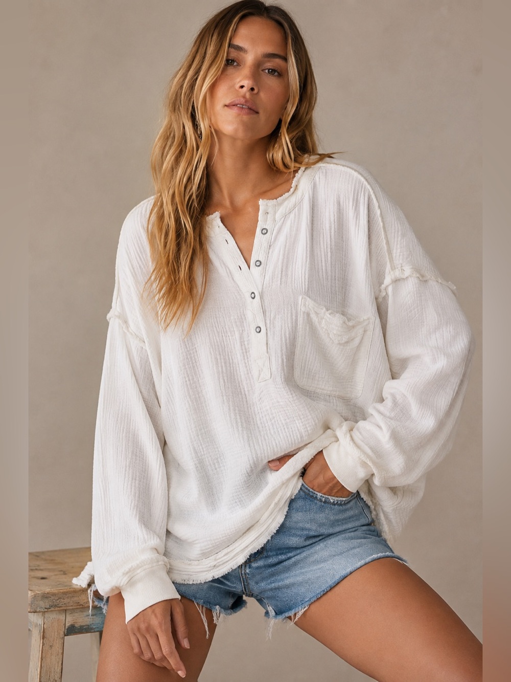 Free People We The Free White Oversized Cotton Gauze Henley Top Size L